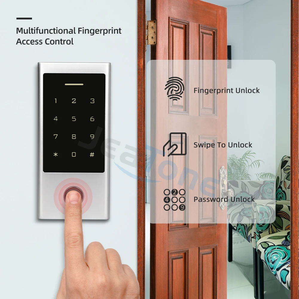 Jeatone Access Control Support Fingerprint /Touch Keypad /1000 RFID Cards/Password door outdoor station With Lock & EXIT Button