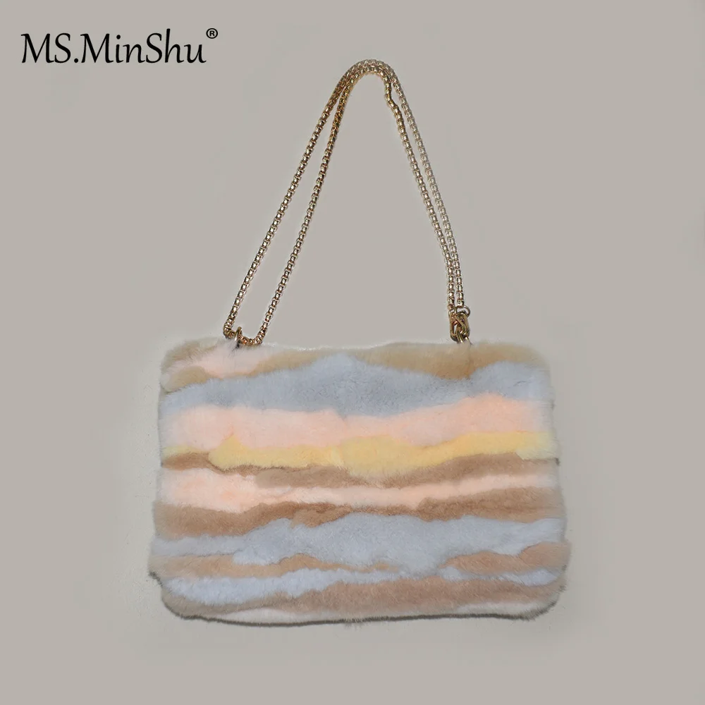 MS. Minshu натуральная меховая сумка Handmuff грелка для рук со съемной цепочкой натуральный мех кролика рекс пэчворк