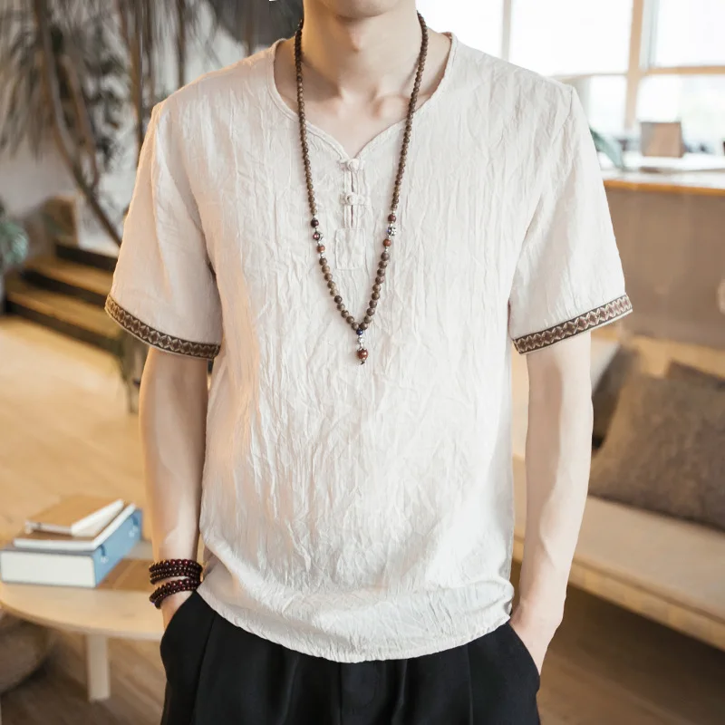 Summer Men Cotton Linen Blouse Short Sleeve T Shirt Chinese Traditional Clothes Male Retro Hanfu Tang Suit Streetwear Tees Tops