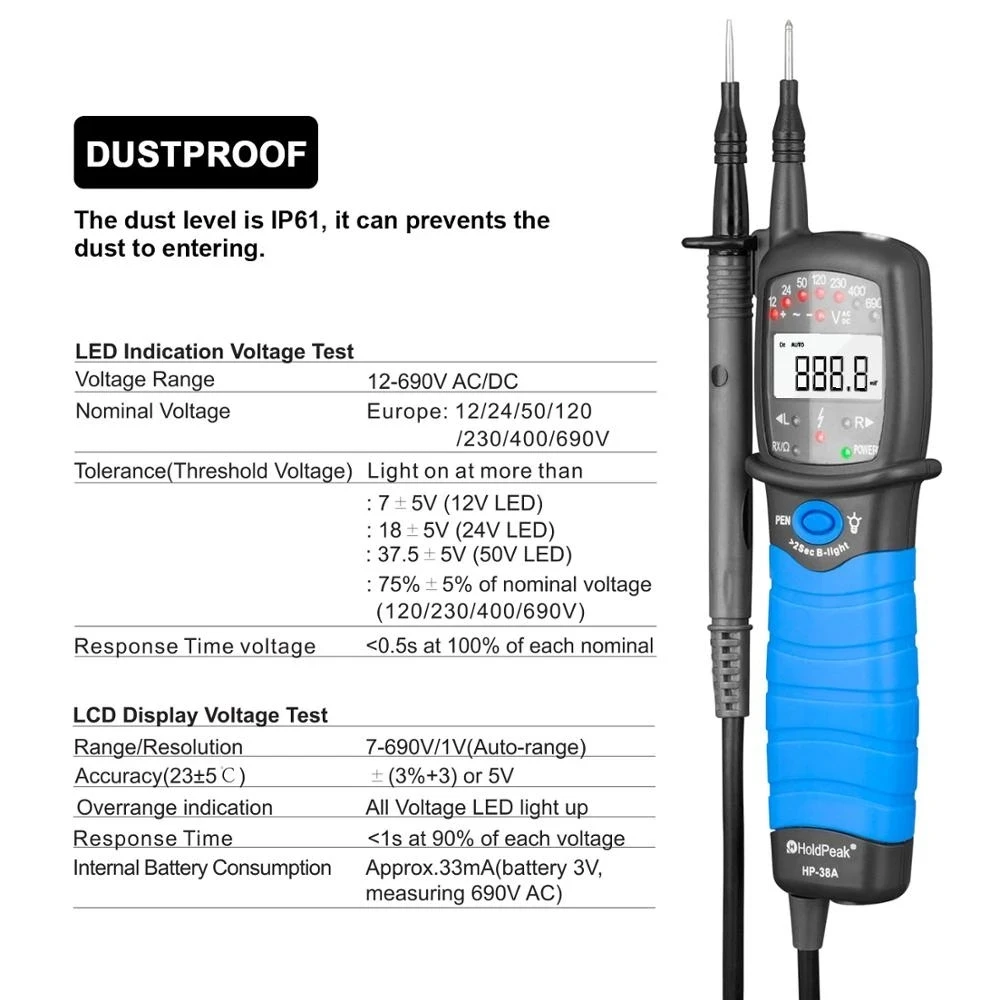 HoldPeak HP-38A LCD 전자 전류 전압 테스터 디지털 자동 전원 끄기 AC/DC, 낮은 배터리 소비