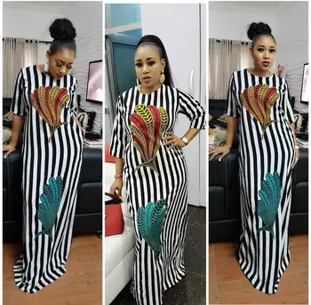 

Long Dress 2020 New Style Black And White Stripe Color Feather Printed Loose And Plus-sized Dress