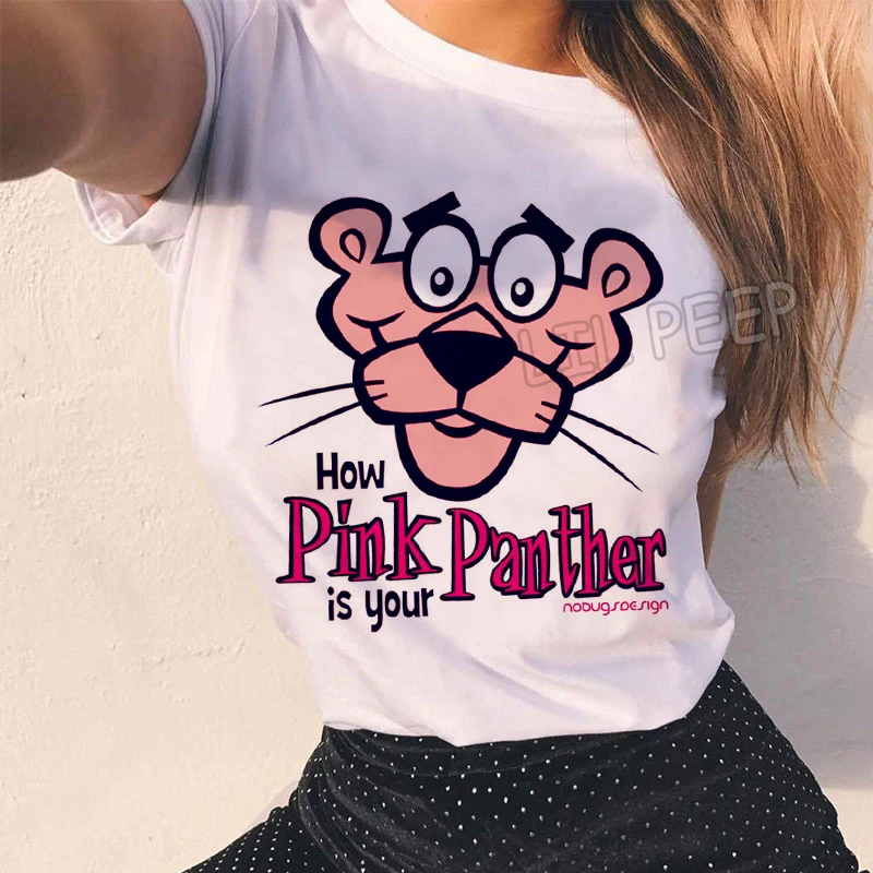 

Women Clothes Funny T Shirt 100% Cotton Pink Panther Graphic Tees Women Comfortable White Tshirt O-Neck Aesthetic Short Sleeves