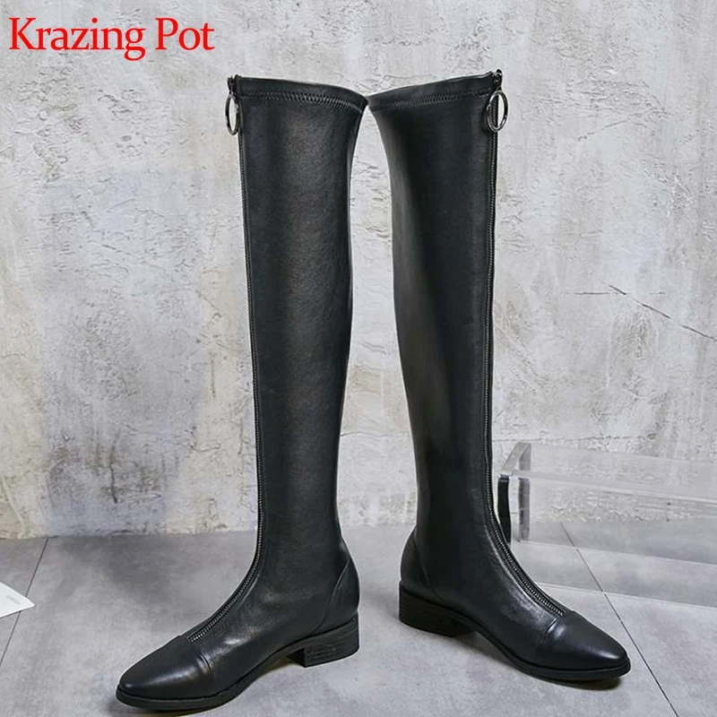 

krazing pot stretch fabric front zipper round toe med heels solid plus size all-match keep warm flock over-the-knee boots l08