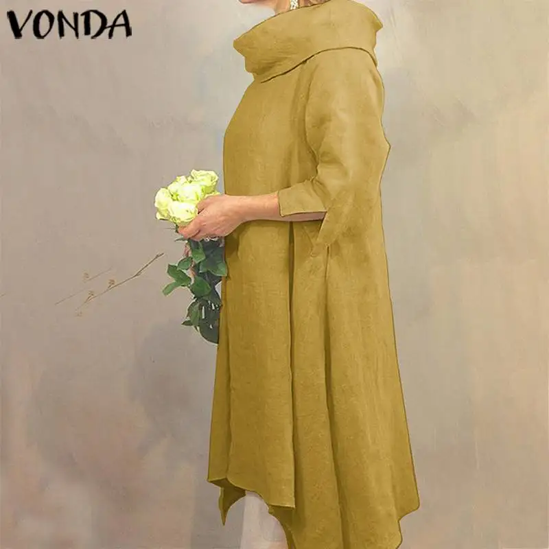 VONDA осеннее платье женское хлопковое винтажное однотонное платье до колена с коротким рукавом свободное платье вечерние платья плюс размер Халат