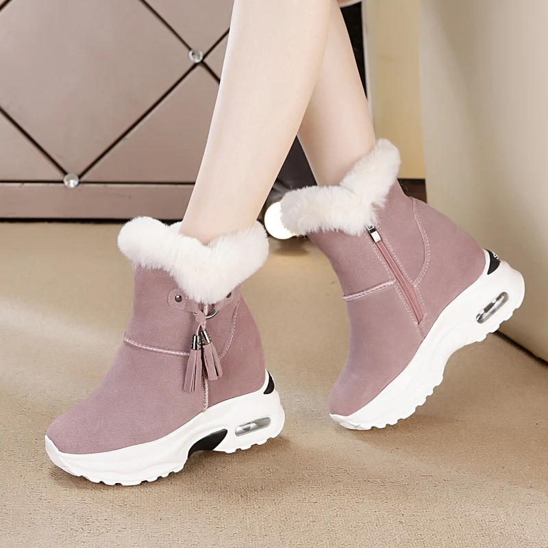 

9CM High Heels Platform Boots Women 2020 Leather Genuine Wedges Rabbit Fur Shoes Woman Ankle Boots Chunky Heels Botas Snowboard