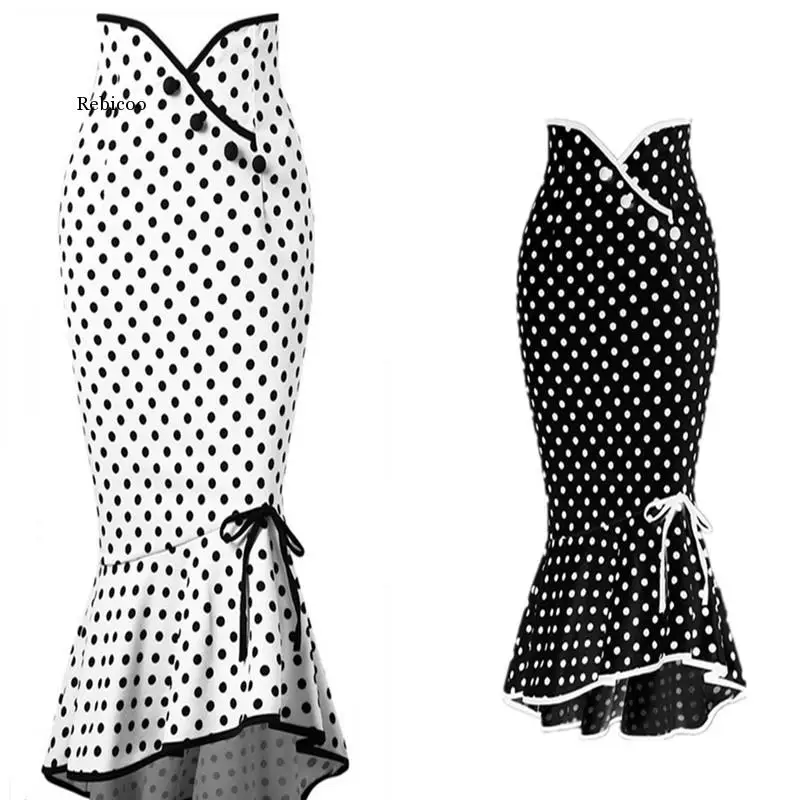 

Women Korea Fashion Skirts 2021 Summer Sexy High Waist Midi Skirts Elegant Polka Dot Print Mermaid Trumpet Skirts