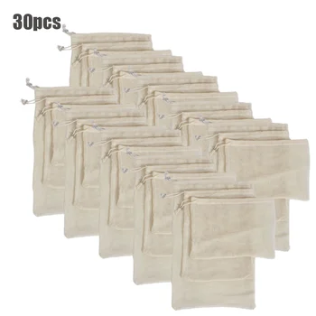 

15/30pcs Cotton Mesh Fruit Vegetable Bags Washable Reusable Storage Drawstring Bag for Shopping Fruit Vegetable Organizer