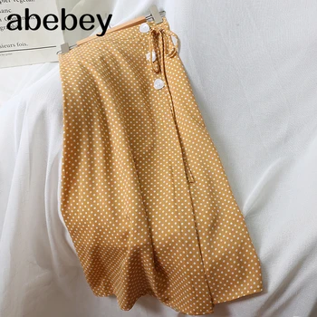 

Side Buttons Design Bandage Vintage Polka Dot Skirt 2019 Summer Women Sweet High Waist Yellow Skirt Literary Midi
