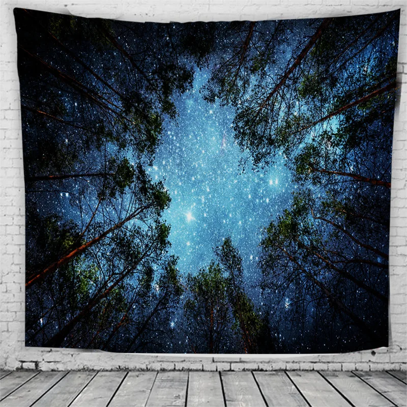 Psychedelic-Forest-Trees-And-Stars-Starry-Sky-Fabric-Wall-Hanging-Tapestry-Decor-Polyester-Curtains-Plus-Long
