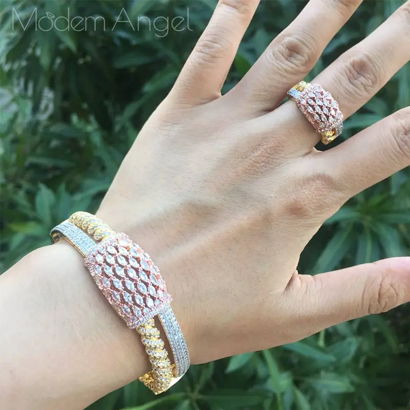 ModemAngel Brilliant Pave Zirconia CZ браслеты браслет и кольцо набор для женщин подарок на помолвку ювелирные изделия - Окраска металла: Чистый золотой цвет