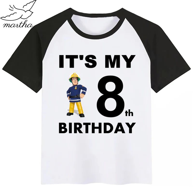 Number1-9Cartoon с днем рождения, Пожарный Сэм, детская одежда, футболка для девочек, подарок на день рождения, детская одежда, футболки для мальчиков, футболки для малышей