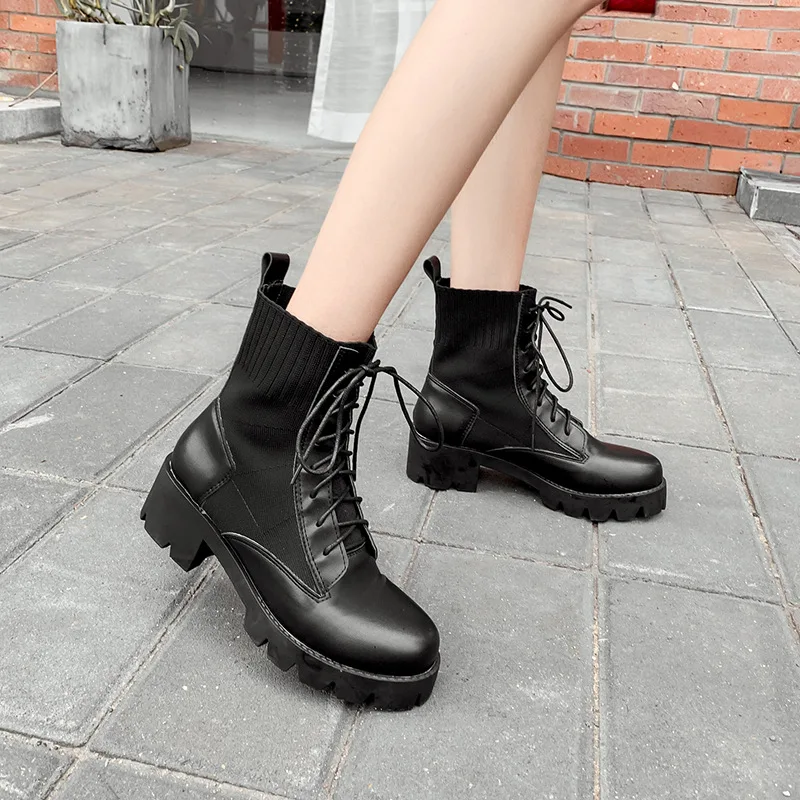 

Women's Rubber Boots Bootee Woman 2019 Round Toe Lace Up Winter Shoes Booties Ladies Chunky Heel Rain Med Ankle Lolita Rock