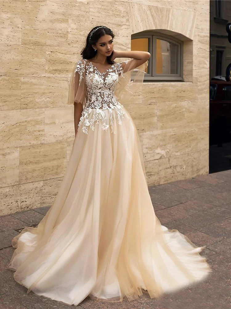 Champagne color LORIE/ свадебное платье трапециевидной формы с аппликацией, фатиновые платья для невесты в стиле бохо с рукавами феи, Vestido De Novia, платье принцессы для свадебной вечеринки - Цвет: Champagne color