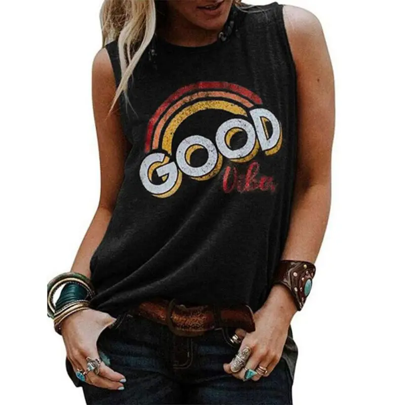 Женские летние майки с круглым вырезом и надписью Good Vibes, женские повседневные хлопковые майки серого цвета, женские топы - Цвет: Черный