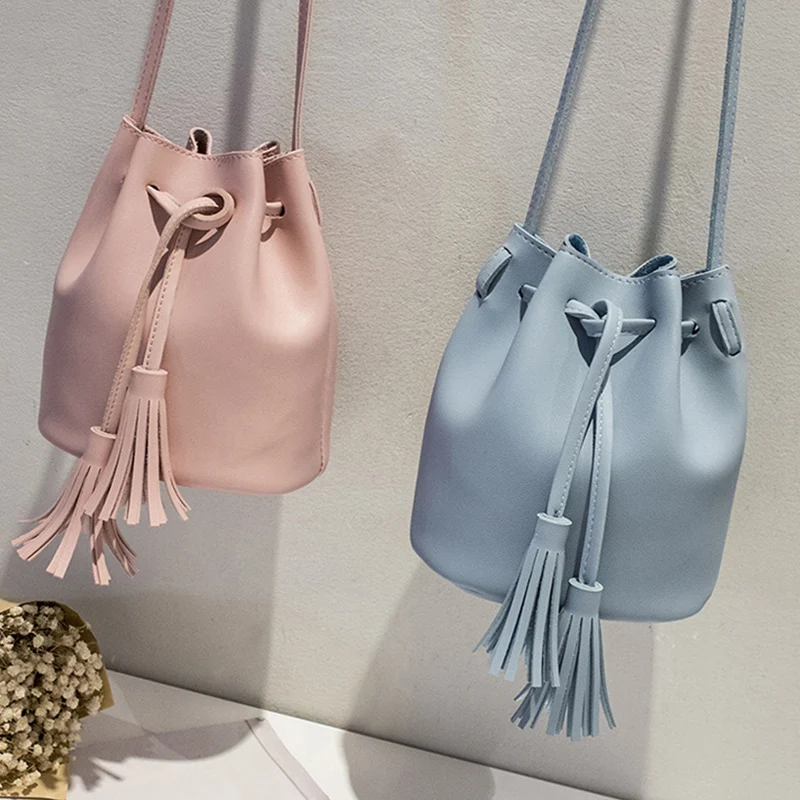 Shoulder Handbags Tassel Drawstring Bucket-Bag Crossbody-Bags Messenger Vintage Female