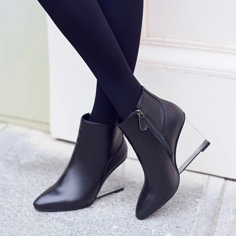 genuine leather boots pointed toe Slope heel transparent crystal 9cm fashion show women's shoes yellow black autumn winter new