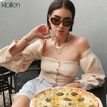 

KLALIEN Fashion Vintage Plaid Long Sleeve Square Collar Tops 2019 Women Slim Buttons Ruffle Off Shoulder Office Ladies Shirt