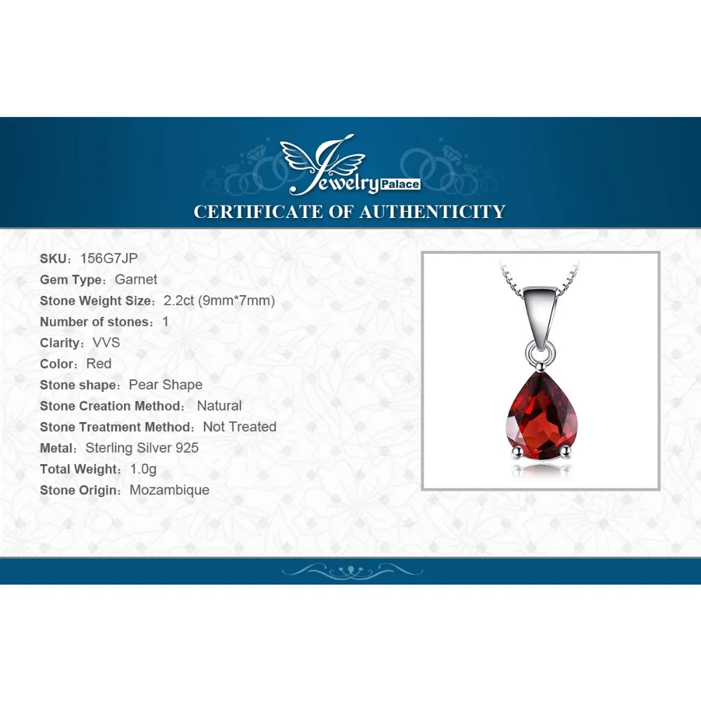 JewelryPalace 2.2ct Pear Natural Garnet 925 Sterling Silver Pendant Necklace for Women Fashion Gemstone Jewelry Choker No Chain