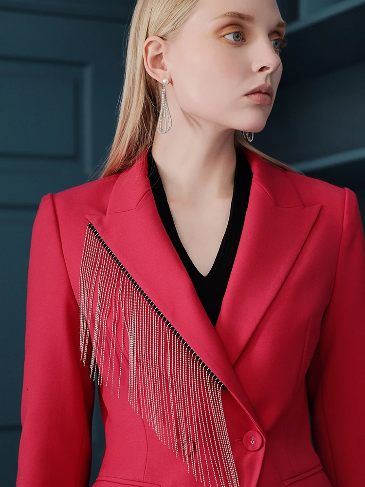 Classic Slim Fit Women Blazer Notched Collar Female Suits Coat Fashion Autumn Winter Runway Tassel Design Red Black Jacket