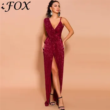 

IFox 2020 Sexy Deep V Neck Open Back Women Dress with High Split Charming Spaghetti Strap Burgundy Women Dresses