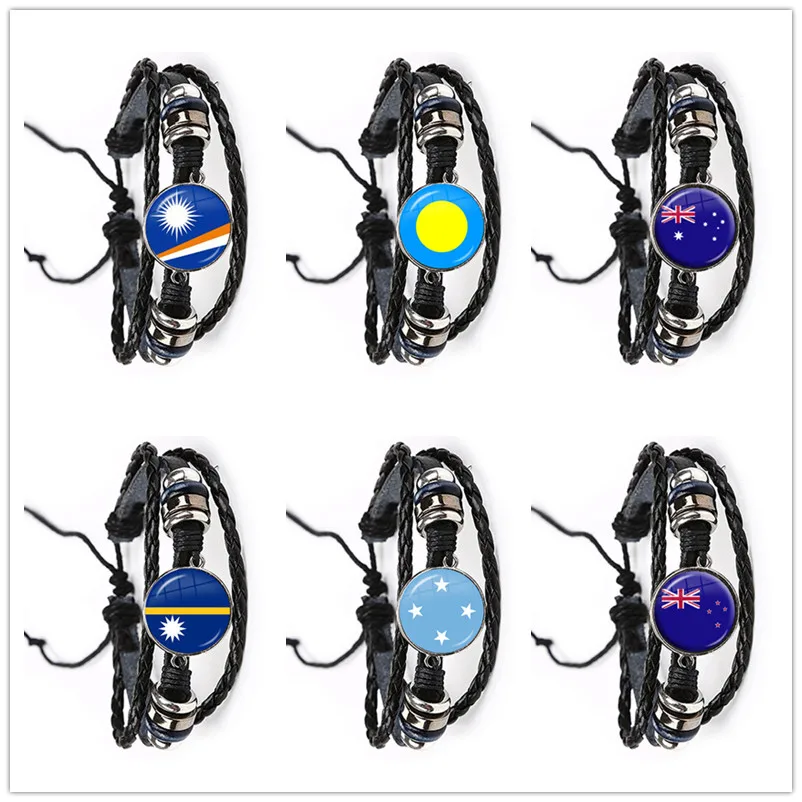 Australia, Nuova Zelanda, Palau,Micronesia, Isole Marshall, Bandiera Nazionale Nauru Bracciale In Corda Di Pelle Bracciale In Vetro Cabochon Regalo