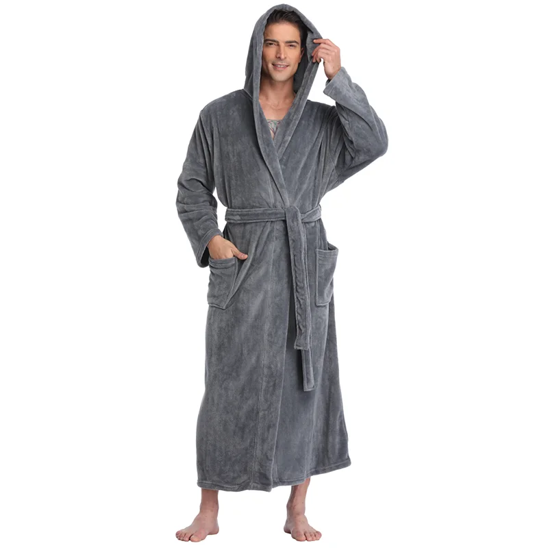 mens cotton pajama pants Witbuy Men Lacing Kimono Bathrobe Winter Solid Long Robe With Pockets Thick Warm Hooded Sleepwear Nightgown Male Loose Homewear cotton pajamas for men