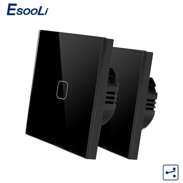 1 Gang 2 Way Black Esooli ЕС стандарт 1/2 банды 2 способ управления настенный выключатель света, кристалл стеклянная панель, крест/через переключатели, 2 шт./упак - Цвет: 1 Gang 2 Way Black