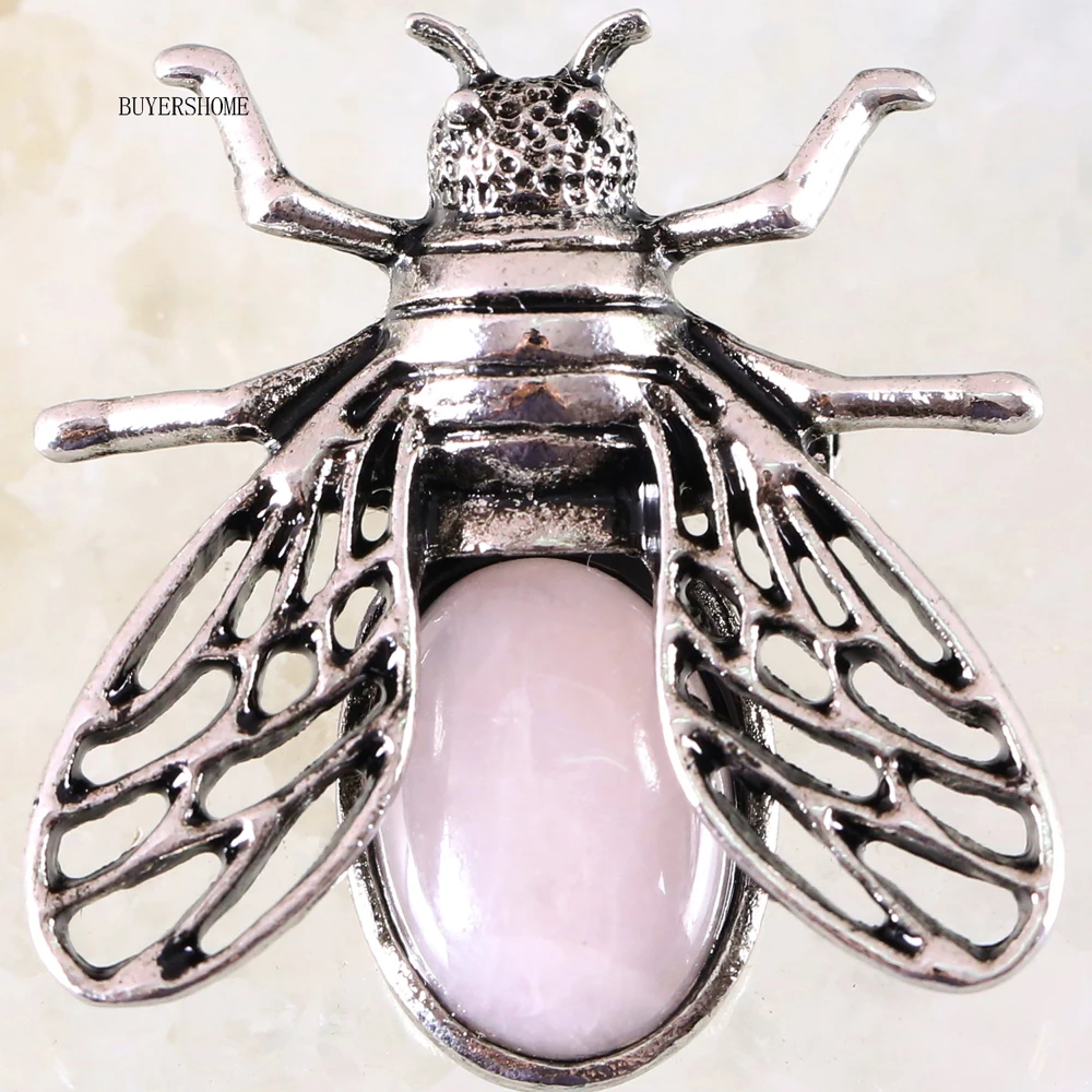 Pink Crystal 1Pcs Silver Cicada Brooch Natural Stone Pendant Howlite Rhodonite Carnelian Onyx Bead for Men Women DIY Jewelry Making - Окраска металла: Pink Crystal