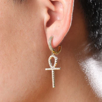 

Iced Zircon Ankh Cross Earring Gold Silver Color Micro Paved AAA CZ Stone Bling Earrings Men Women Rock Hip Hop Fashion Jewelry