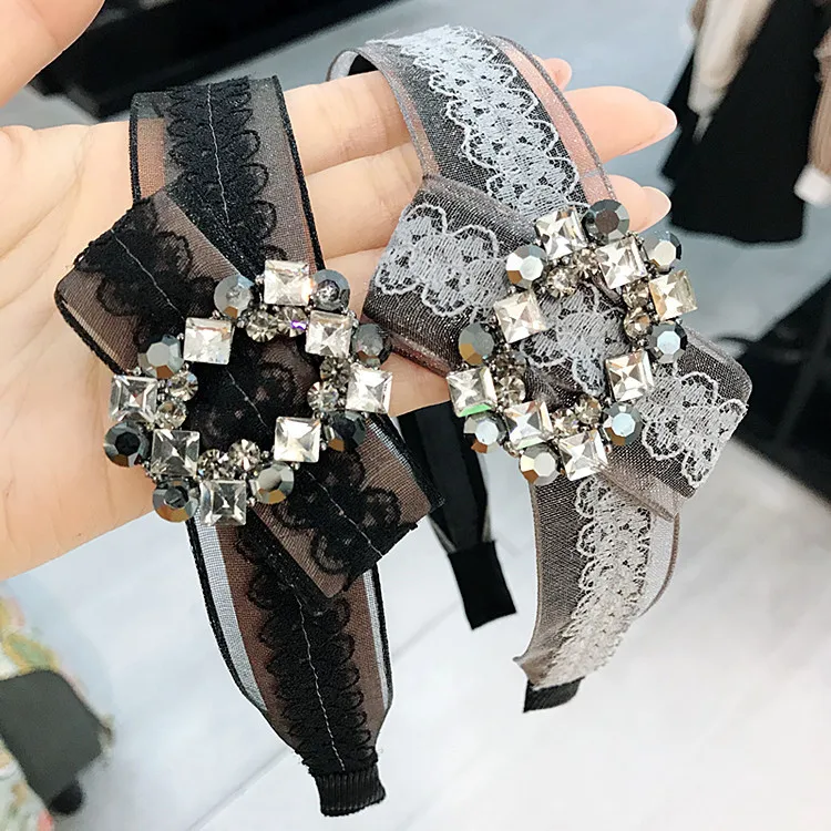South Korea Top Grade Import Lace Organza Bow Czech Diamond Large Rims Hair Bands Headband Hair Accessories Head Withhold Headba
