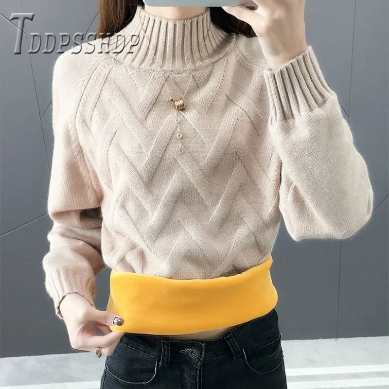Fashion Women Sweater Turtleneck Thickening Slim Pullover Lining With Fluff Winter Female Sweaters | Женская одежда