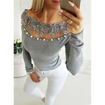 

Sexy Women Knitted Slim Tops Off Shoulder Mesh Lace Pearls Beading Neck Long Sleeve Stretchy Knitwear Autumn Casual Pullovers