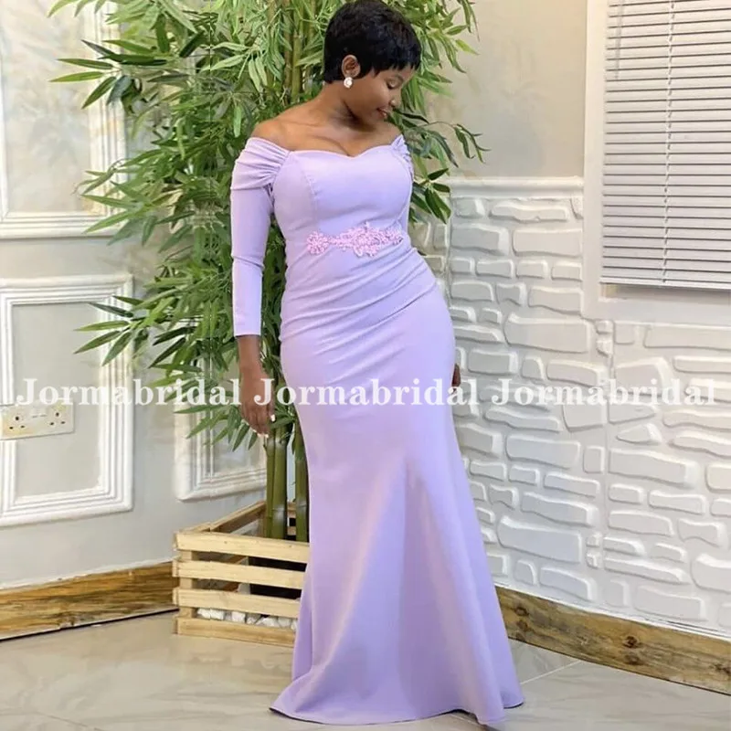 

Off Shoulder Lilac Mermaid Bridesmaid Dresses With Long Sleeve Lace Applique Formal Party Dress Plus Size vestido de festa longo