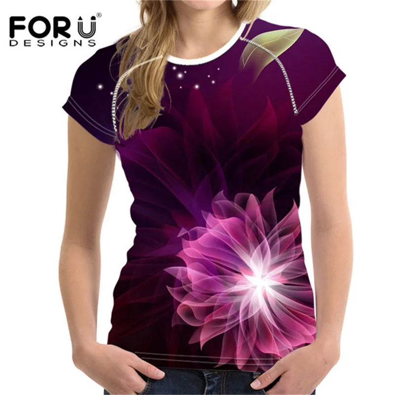 FORUDESIGNS, цветная женская футболка с 3D цветочным рисунком, эластичные облегающие топы с цветочным рисунком, укороченная Женская футболка для бодибилдинга, женская одежда