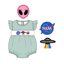 

Summer Girls Clothes Cyan Sleeveless Flying Saucer And Alien Embroidery Pattern Toddler Baby Rompers