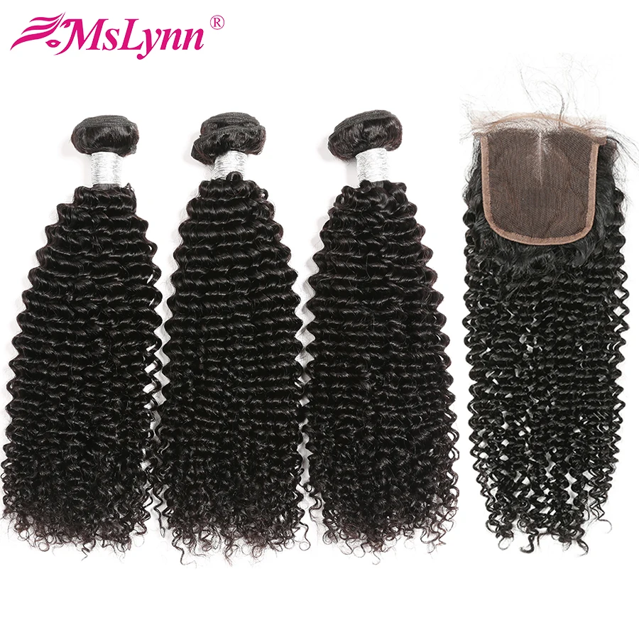 

Mslynn Hair Malaysian Kinky Curly Hair Bundles with Closure 3 Bundles Human Hair With Closure 4x4 Remy Free Part No Tangle