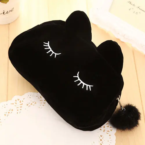 black Большой чехол для карандашей Kawaii канцелярский чехол для карандашей с котом школьный милый чехол для карандашей s для девочек плюшевая сумка для карандашей косметичка с меховым помпоном - Цвет: black