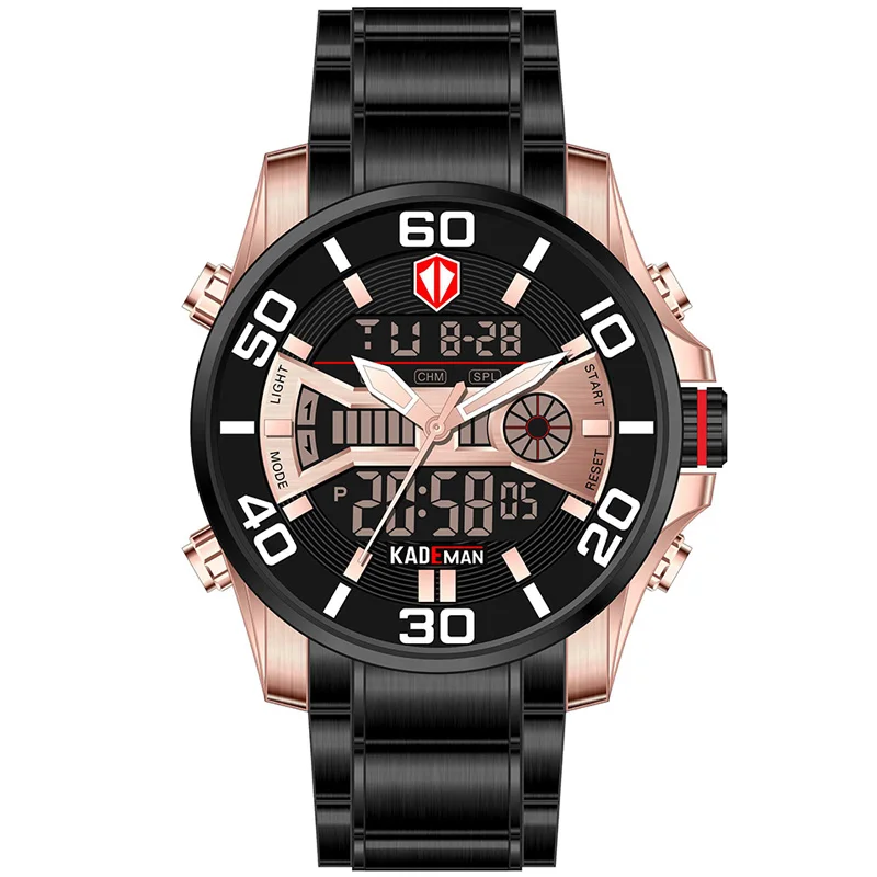 Steel Black Rose Relogio Masculino KADEMAN мужские полностью стальные часы мужские спортивные водонепроницаемые цифровые часы с двойным дисплеем кварцевые наручные часы - Цвет: Steel Black Rose