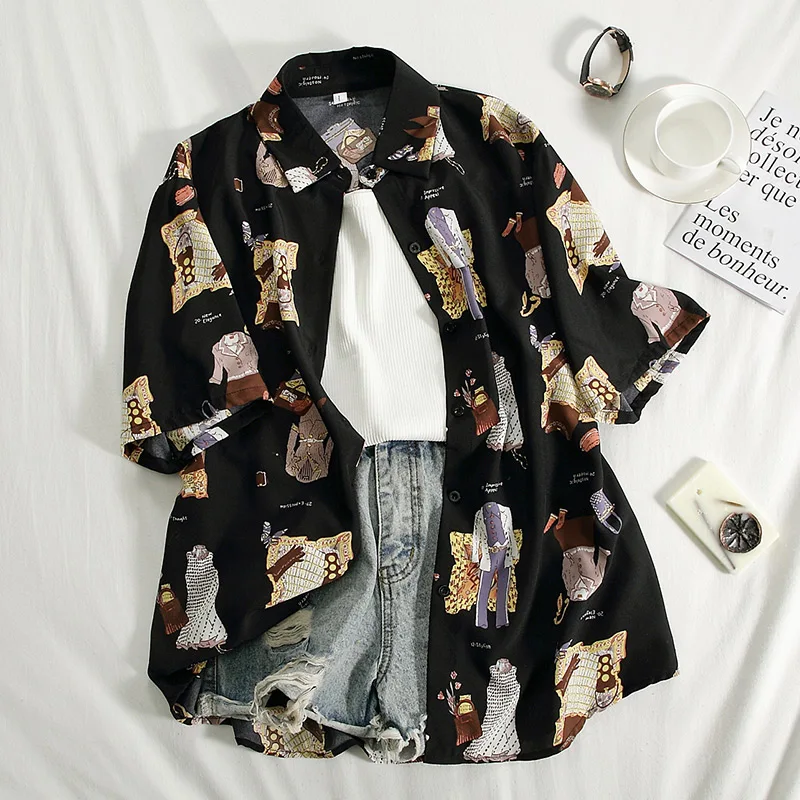 Streetwear Short Sleeve Women Blouses School Work Office Shirts Casual Tops Ladies Cartoon Print Shirt Women Fashion Clothing