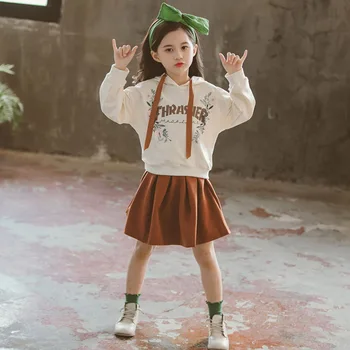 

Girls clothes two-piece long-sleeved hooded coat printed Sweatshirt + skirt cotton 2019 quality Spring Autumn 4-12 y kids' wear