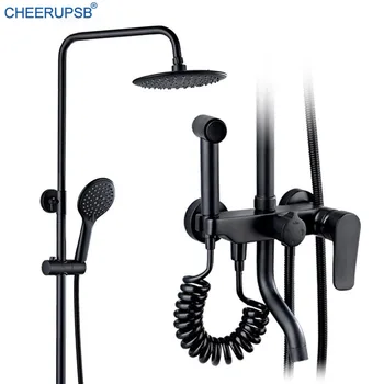 

Matte Black Bathroom Shower Set Wall Mount Rainfall Bath Tap High-pressure Round Discs Shower System Bathtub Faucets with Bidet