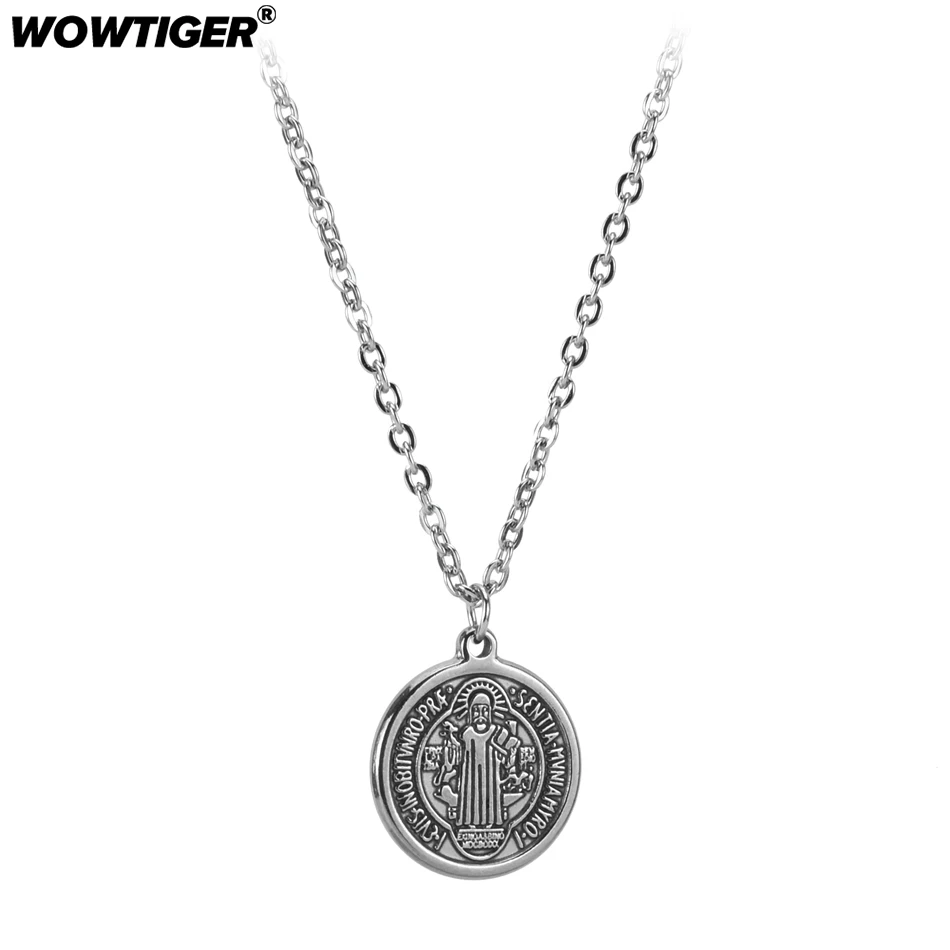 

WOWTIGER Men Cross Jesus Pendant Stainless Steel Saint Benedict Silver Link Chain Necklaces for Women Religious Jewelry gift