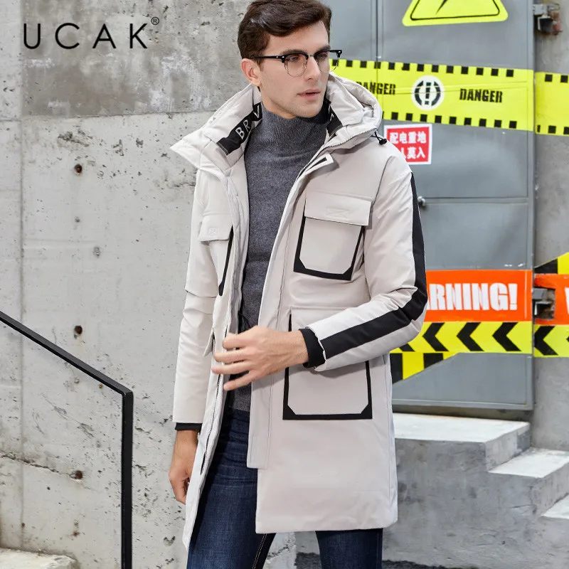 UCAK/брендовая белая куртка-пуховик для мужчин; зимнее теплое длинное пальто; модное стильное пальто с большими карманами и капюшоном; мужская одежда; U8016 - Цвет: Бежевый