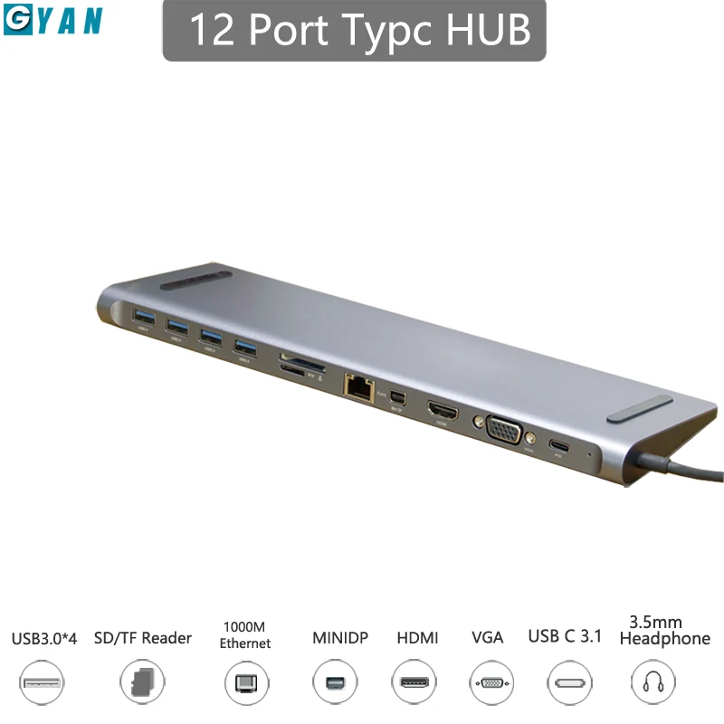  12 in 1 Type c docking station Aluminum to HDMI Card Reader RJ45 PD for Charger Audio MacBook Samsu