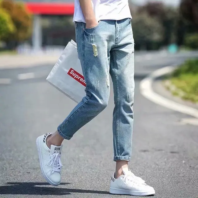 Men Jeans Ankle-length Holes Straight 