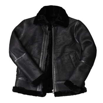 

2020 Black Men Military Style B3 Bomber Shearling Large Size XXXXL Genuine Sheepskin Russian Warm Aviator Leather Coat