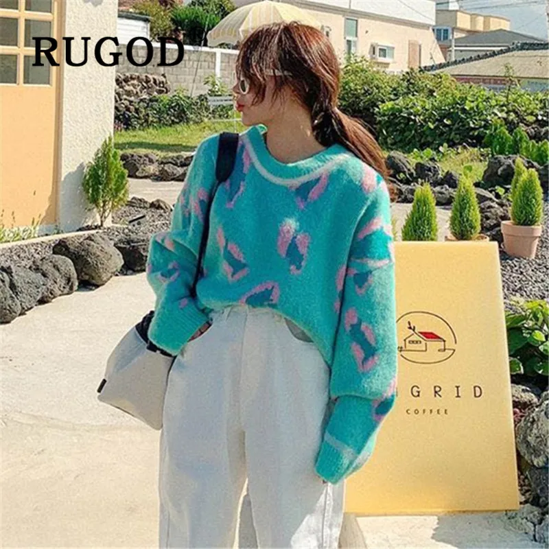 Свитер женский RUGOD, Модный пуловер с леопардовым принтом, женский корейский элегантный свитер с круглым вырезом и длинным рукавом, осенний зимний толстый свитер, свободный джемпер кофта женская свитер женский