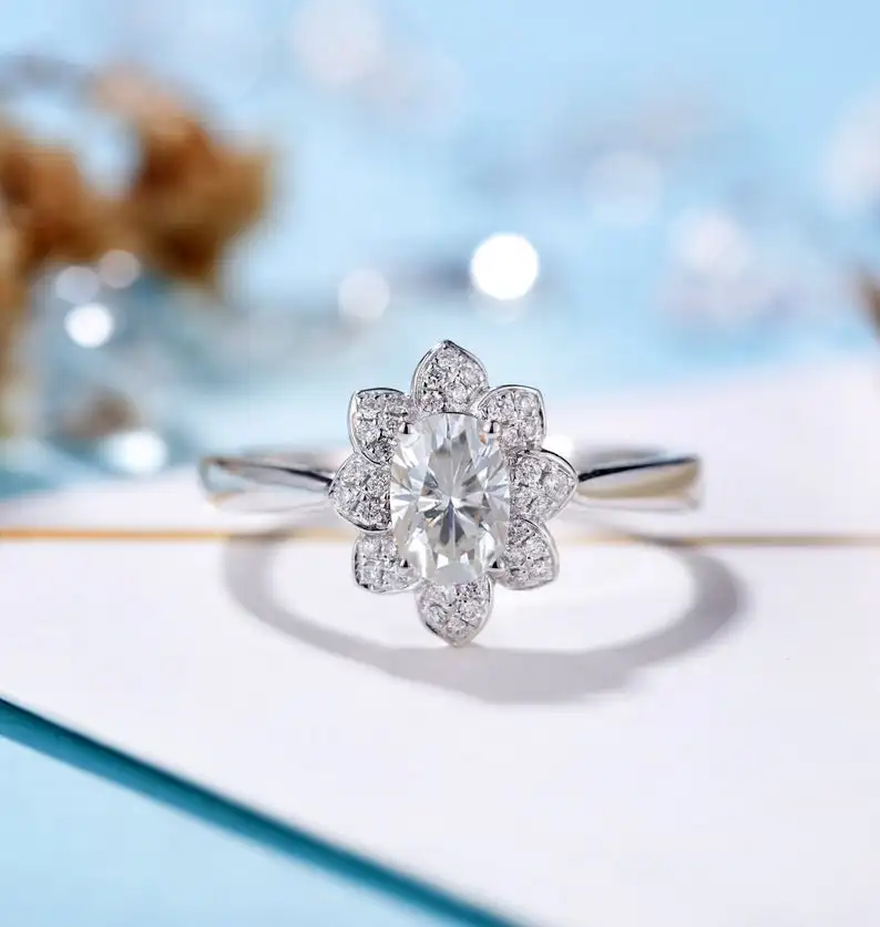 18k Белый Золотой центр 1ct 5*7 мм овальный вырез Moissanite Лотос образное обручальное