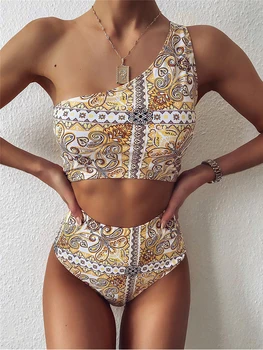 

One Shoulder Bikini Set High Waisted Bikini Push Up Vintage Print Swumsuit Woman Bikini 2020 Bathing Suit Women Designer Brazil