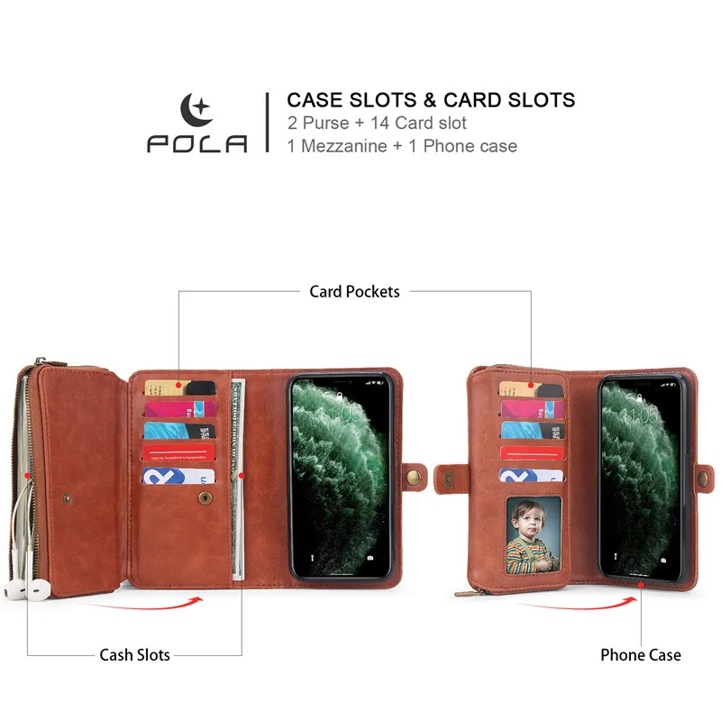 Роскошный чехол для карт телефона Mulit для iPhone 11 Pro XS Max XR X 7 8 6 6s Plus Магнитный съемный кожаный кошелек чехол для ручных сумок